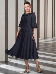 A-Line Mother of the Bride Dress Elegant Jewel Neck Tea Length Chiffon Half Sleeve with Pleats