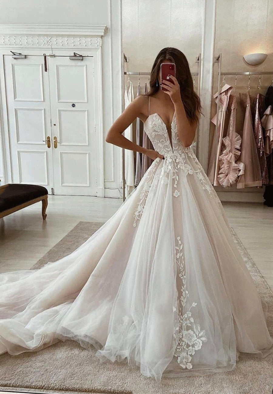 A-Line Spaghetti Lace Long Prom Dresses, Formal Evening Dresses