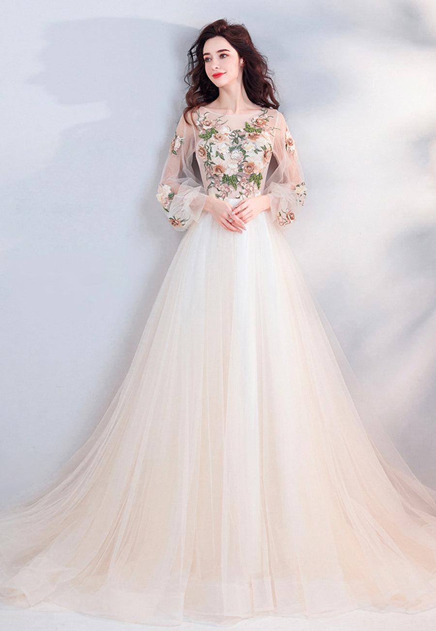Champagne Lace Long Prom Dresses, A-Line Long Sleeve Evening Dresses