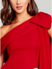 Sheath / Column Evening Gown Elegant Dress Formal Sweep / Brush Train Christmas Red Green Dress Short Sleeve One Shoulder Charmeuse with Bow(s) Pleats Slit