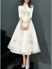 A-Line Cocktail Dresses Elegant Dress Wedding Guest Party Wear Tea Length Half Sleeve Stand Collar Tulle with Appliques