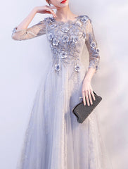 A-Line Evening Gown Elegant Dress Wedding Guest Formal Evening Floor Length 3/4 Length Sleeve Jewel Neck Tulle with Appliques