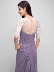 A-Line Mother of the Bride Dress Elegant Scoop Neck Floor Length Chiffon Half Sleeve No with Criss Cross Beading