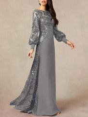 A-Line Mother of the Bride Dress Formal Wedding Guest Elegant Jewel Neck Floor Length Chiffon Sequined Long Sleeve with Sequin
