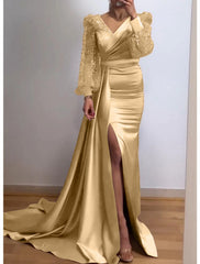 Mermaid Evening Dress Champagne Gown Sparkle Sequin Dress Formal Black Tie Floor Length Long Sleeve V Neck Satin With Buttons Pearls