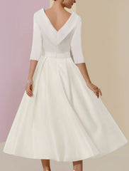 A-Line Mother of the Bride Dress Wedding Guest Elegant Vintage Jewel Neck Tea Length Charmeuse Half Sleeve with Pleats Crystals