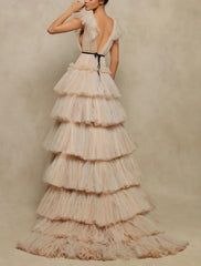 Aimishang A-Line Prom Dresses Elegant Dress Prom Sweep / Brush Train Sleeveless V Neck Tulle V Back with Ruffles