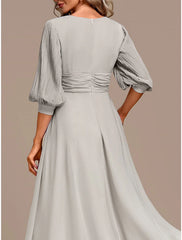 Women's Prom Dress Party Dress Ruched V Neck 3/4 Length Sleeve Gray Spring Winter