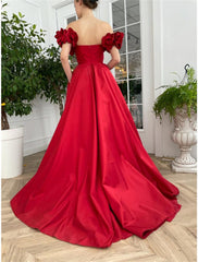 A-Line Prom Dresses Sexy Dress Wedding Guest Wedding Party Court Train Short Sleeve Off Shoulder Taffeta with Buttons Slit Appliques
