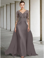 A-Line Mother of the Bride Dress Wedding Guest Elegant V Neck Floor Length Chiffon Lace Half Sleeve with Ruching Solid Color