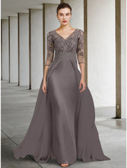 Aimishang  A-Line Mother of the Bride Dress Wedding Guest Elegant V Neck Floor Length Chiffon Lace Half Sleeve with Ruching Solid Color
