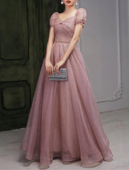 A-Line Beautiful Back Elegant Prom Formal Evening Birthday Dress Sweetheart Neckline Short Sleeve Floor Length Lace with Beading 2024 / Puff Balloon Sleeve