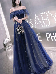 A-Line Prom Dresses Elegant Dress Wedding Guest Party Wear Floor Length Short Sleeve Off Shoulder Tulle with Embroidery Tiered