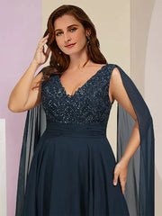 Plus Size Curve Mother of the Bride Dress Formal Party Elegant V Neck Floor Length Chiffon Lace Sleeveless with Pleats Sequin