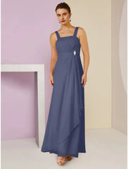 A-Line Mother of the Bride Dress Wedding Guest Elegant Square Neck Ankle Length Chiffon Long Sleeve with Crystal Brooch Ruching