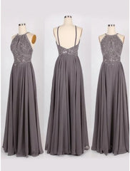 A-Line/Princess Halter Sleeveless Sweep/Brush Train Beading Chiffon Dresses