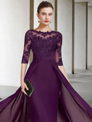 Sheath / Column Mother of the Bride Dress Elegant Plus Size Jewel Neck V Neck Floor Length Chiffon Lace Half Sleeve with Ruched Appliques
