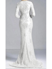 Aimishang Mermaid Party Dress Evening Gown Luxurious Dress Engagement Formal Evening Sweep / Brush Train Long Sleeve Jewel Neck Fall Wedding Guest Lace with Beading Appliques