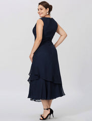 Aimishang  Sheath / Column Mother of the Bride Dress Formal Classic & Timeless Elegant & Luxurious Plus Size Jewel Neck Tea Length Chiffon 3/4 Length Sleeve yes with Pleats Tiered