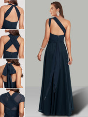 A-Line Wedding Guest Dresses Infinity Dress Wedding Party Floor Length Short Sleeve Halter Convertible Chiffon with Ruched
