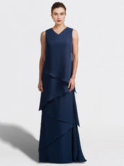 Two Piece A-Line Mother of the Bride Dress Plus Size Elegant V Neck Floor Length Chiffon Sleeveless Wrap Included