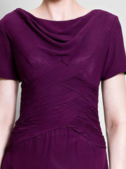DingjiA-Line Mother of the Bride Dress Cowl Neck Tea Length Chiffon Short Sleeve with Ruched Side Draping