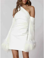 Women's Party Dress Feather Dress Homecoming Dress Mini Dress Black White Long Sleeve Pure Color Feather Fall Winter Autumn One Shoulder Fashion Winter Dress Wedding Guest Vacation