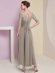 Aimishang Two Piece A-Line Mother of the Bride Dress Formal Wedding Guest Elegant High Low V Neck Asymmetrical Tea Length Chiffon Lace Half Sleeve Wrap Included with Ruched Appliques