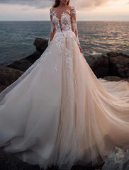 Beach Open Back Wedding Dresses A-Line Illusion Neck Long Sleeve Court Train Lace Bridal Gowns With Appliques
