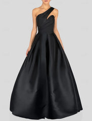 A-Line Prom Dresses Black Dress Dress Formal Prom Floor Length Sleeveless One Shoulder Satin with Ruched