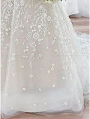 Beach Formal Wedding Dresses A-Line V Neck Sleeveless Court Train Lace Bridal Gowns With Pleats
