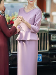 Two Piece Cocktail Dresses Elegant Dress Wedding Party Tea Length Long Sleeve V Neck Satin Mother of the Bride Dresses