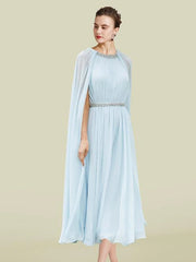 Sheath / Column Mother of the Bride Dress Elegant Jewel Neck Tea Length Chiffon Sleeveless with Pleats Beading Crystal