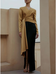 Wholesale A-Line Evening Black Dress Christmas Elegant Dress Formal Ankle Length Long Sleeve V Neck Satin with Ruched Slit
