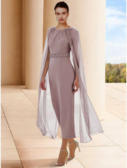 Sheath / Column Mother of the Bride Dress Wedding Guest Elegant Scoop Neck Ankle Length Chiffon Sleeveless with Beading Ruching