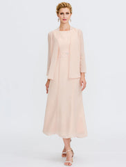 Aimishang  Two Piece Sheath / Column Mother of the Bride Dress Wedding Guest Plus Size Elegant with Jacket Long Sleeve Scoop Neck Tea Length Chiffon Sash / Ribbon Pleats Beadin