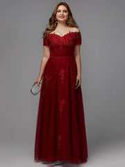 A-Line Plus Size Bridesmaid Dresses Wedding Guest Floor Length Short Sleeve Off Shoulder Lace Lace-up with Beading Appliques