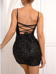 Women's Black Sequin Dress Party Dress Sparkly Dress Little Black Dress Sexy Dress Black Homecoming Dress Mini Dress White Red Sleeveless Sparkly Glitter Spring Fall Winter
