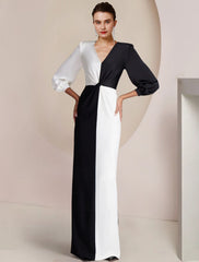 Aimishang Sheath / Column Mother of the Bride Dress Formal Wedding Guest Party Elegant V Neck Floor Length Stretch Satin 3/4 Length Sleeve with Color Block