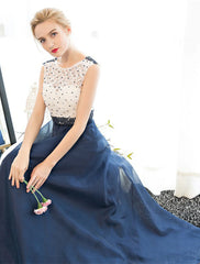 A-Line Elegant Dress Wedding Guest Prom Floor Length Sleeveless Illusion Neck Tulle Over Lace with Beading