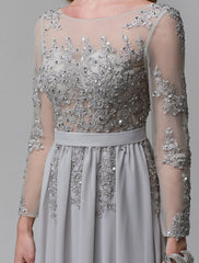 A-Line Luxurious Engagement Formal Evening Dress Illusion Neck V Back Low Back Long Sleeve Chapel Train Chiffon with Sequin Appliques 2024 / Illusion Sleeve