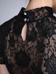 Mermaid / Trumpet Mother of the Bride Dress Vintage Inspired High Neck Sweep / Brush Train Lace Jersey Short Sleeve No with Lace