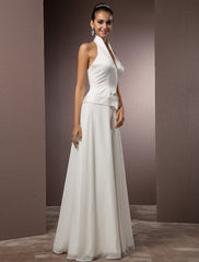 Hall Wedding Dresses Sheath / Column Halter Sleeveless Floor Length Satin Bridal Gowns With Sash / Ribbon  Summer Wedding Party  Women's Clothing