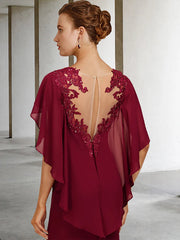Mermaid / Trumpet Mother of the Bride Dress Vintage Elegant Square Neck Sweep / Brush Train Chiffon Short Sleeve with Ruffles