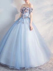 Ball Gown Prom Dresses Floral Dress Quinceanera Prom Floor Length Short Sleeve Off Shoulder Polyester with Appliques Pure Color