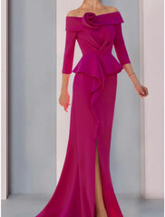 Aimishang A-Line Mother of the Bride Dress Wedding Guest Elegant Off Shoulder Sweep / Brush Train Stretch Fabric 3/4 Length Sleeve with Ruffles Split Front Ruching