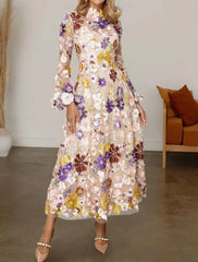 A-Line Mother of the Bride Dress Formal Wedding Guest Elegant High Neck Ankle Length Tulle Long Sleeve with Embroidery Flower