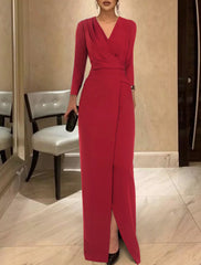Sheath Black Dress Evening Gown Vintage Dress Formal Floor Length Long Sleeve V Neck  Fabric with Ruched 2025