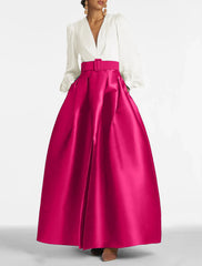 A-Line Evening Gown High Split Wedding Guest Dress Formal Fall Floor Length Long Sleeve V Neck Belt / Sash Satin with Pleats Slit