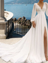 Aimishang Beach Sexy Wedding Dresses A-Line V Neck Long Sleeve Court Train Chiffon Bridal Gowns With Pleats Split Front